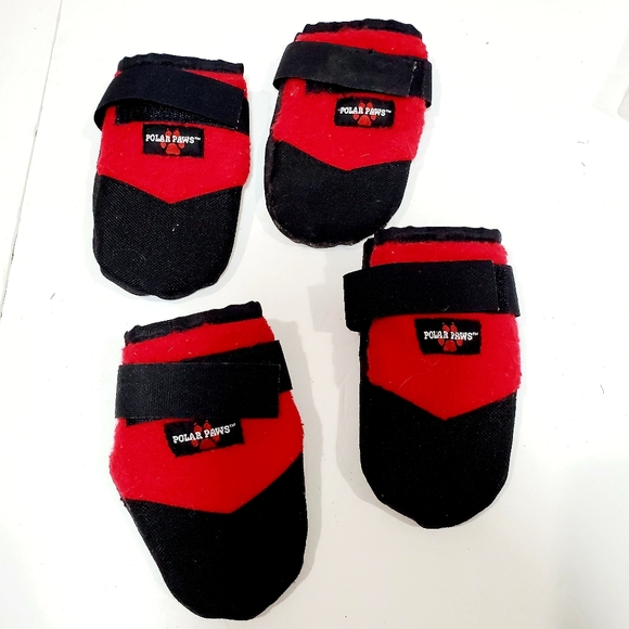 4 pcs Polar Paws Red Fleece Black Canvas Velcro Strap Dog Boots Mittens Booties - Picture 3 of 7